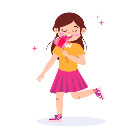 Vector illustration of a girl with a lollipop. Cartoon scene of happy little girl holding sweet heart shaped lollipop isolated on white background.のイラスト素材