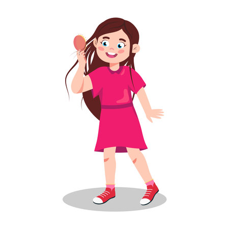 Vector illustration of a cute and charming little girl combing her hair. Cartoon scene with a smiling little girl with beautiful long hair holding a comb and combing her hair on a white background.のイラスト素材