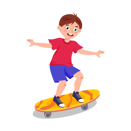 Vector illustration of a sporty boy skating. Cartoon scene of a smiling and happy boy in a t-shirt, shorts and sneakers balancing on a skateboard isolated on a white background.のイラスト素材