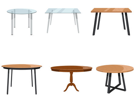 Set of beautiful glass and wooden tables in cartoon style. Vector illustration of tables of different shapes: round and rectangular, glass and wooden with legs isolated on white background.のイラスト素材