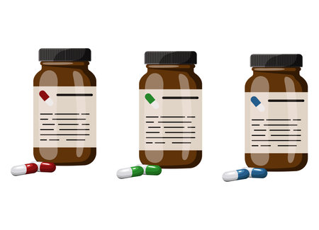 Set of brown jars with colored pills in cartoon style. Vector illustration of jars with labels and red, green and blue pills, medicine isolated on white background. Vitamins for health.のイラスト素材