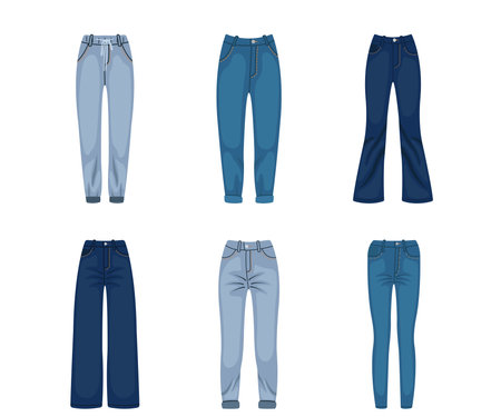 Set of fashionable womens pants, jeans in cartoon style. Vector illustration of different types of stylish womens pants: sports, jeans, cloches, skinny, straight cut isolated on white background.のイラスト素材