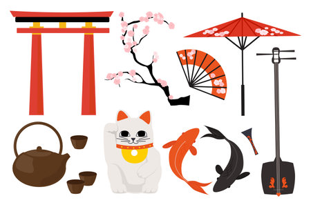 Set elements of Japanese culture in cartoon style. Vector illustration of traditional: torii gate, sakura, umbrella, fan, tea ceremony, maneki-neko, koi fish, shamisen isolated on white background.のイラスト素材