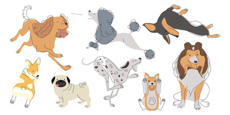 Set of dog character sketches in a cartoon style. Vector illustration of beautiful spotted dogs in different poses and emotions isolated on white background. Spots are drawn on dogs.のイラスト素材
