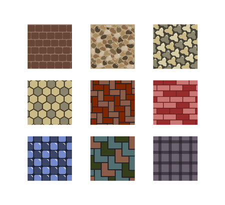 Set of beautiful construction tiles in cartoon style. Vector illustration of building tiles of different textures and materials, suitable for walls, floors and street paths on white background.のイラスト素材