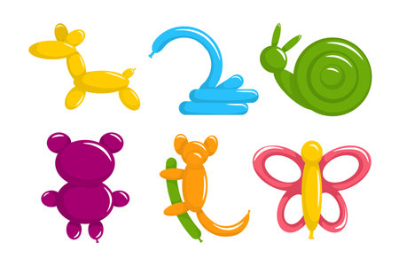 Set of colorful animal balloons in cartoon style. Vector illustration of cute balloons shaped into various animal shapes: horse, swan, snail, bear, koala and butterfly isolated on white background.のイラスト素材