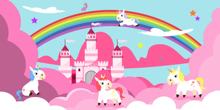 Vector illustration of a beautiful fairytale world with unicorns. Cartoon cute, sunny landscape with blue sky and clouds, stars, rainbow, castle in air and unicorns in pink clouds. Children's world.のイラスト素材
