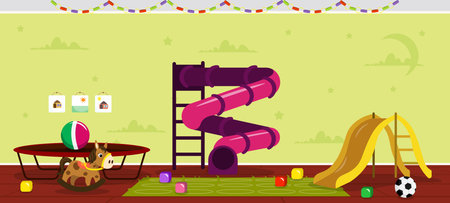 Vector illustration of childrens playroom with green walls and wooden floor in cartoon style. A room with slides, a trampoline, a toy horse, cubes, a beach ball and a soccer ball.のイラスト素材