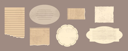 Set of vintage notebook sheets in cartoon style. Vector illustration of beautiful vintage leaves in a row and blank of different shapes isolated on a gray-brown background. Sheets for records.のイラスト素材
