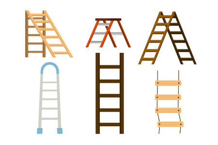 Vector illustration of a set of different types of ladders in cartoon style. Suspension, sports and other multi-colored ladders isolated on a white background. Climb up with stairs.のイラスト素材