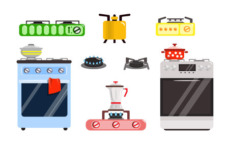 Set of modern gas stoves in cartoon style. Vector illustration of domestic and portable stoves with extinguished and kindled fire on white background.のイラスト素材