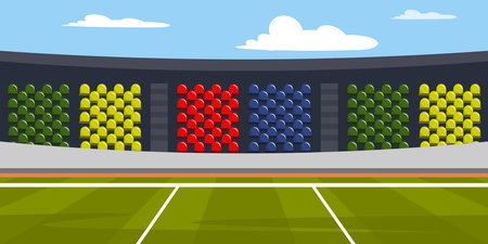 Vector illustration of modern stadium. Cartoon landscape inside the stadium with colorful stands and green field.のイラスト素材