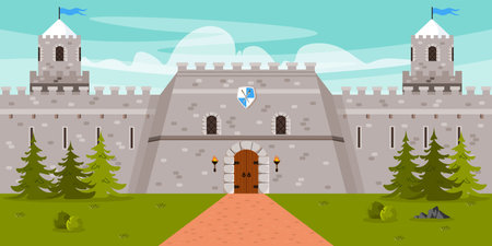 Vector illustration of a beautiful knight's castle. Cartoon ancient stone castle with towers, gates and flags, coat of arms, Christmas trees, grass and road. Military defensive fort.のイラスト素材