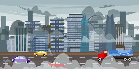 Vector illustration of a cityscape with smoke-polluted air. Cartoon scene of a beautiful cityscape with tall modern buildings, skyscrapers, a road with cars, a truck and clouds of thick smoke.のイラスト素材