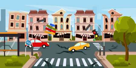 Vector illustration of natural disaster, earthquake. Cartoon cityscape scene with cataclysm, earthquake, destroyed houses, landslide, cracks in asphalt road, cars, stop, bent road signs, trees.のイラスト素材