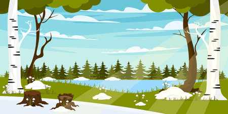 Vector illustration of a beautiful spring sunny landscape.Cartoon scene of a daytime landscape with birches, stumps, snowdrops, melting snow, a lake, Christmas trees, a sky with clouds and sun rays.のイラスト素材