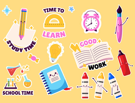 Set of colorful learning stickers in cartoon style. Vector illustrations of stickers for school: pencils, a ruler, an alarm clock, a brush, a lamp, a notebook, chemical flasks with inscriptions.のイラスト素材