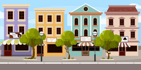 Vector illustration of various modern buildings. Cartoons, beautiful buildings: hair salons for women, barber for men, museum, a shop, trees, lampposts.のイラスト素材