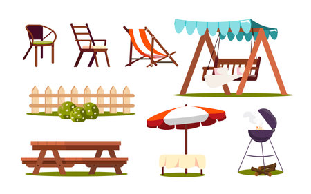 Set of summer outdoor equipment in cartoon style. Vector illustration of chairs, fence with bushes, wooden table, table under umbrella, barbecue, garden swing under awning isolated on background.のイラスト素材