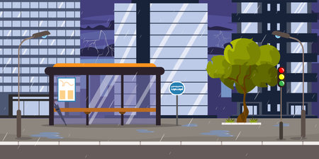 Vector illustration of a beautiful rainy city landscape. Cartoon cityscape with stormy sky with lightning, modern houses, bus stop with timetable and umbrella, traffic light, tree and lamp posts.のイラスト素材
