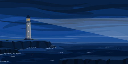 The vector illustration of a coastal lighthouse giving a signal for ships in dark blue colors. Cartoon night landscape of the sea with a lighthouse on a slope,のイラスト素材