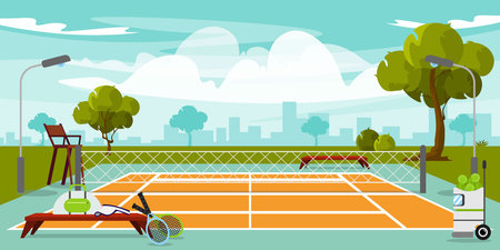 Vector illustration of a tennis modern court. Cartoon urban buildings with benches, net, tennis balls, rackets, playground, trees, lanterns and the city in the background.のイラスト素材