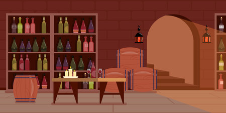 Vector illustration of a modern interior wine cellar. Cartoon interior with table, glasses with wine, candles, barrels, shelves with different bottles of wine.のイラスト素材