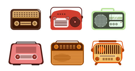 Set of colored retro radios in cartoon style. Vector illustration of vintage portable radio music players isolated on white background.のイラスト素材
