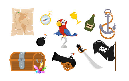 Set of beautiful pirate equipment in cartoon style.Vector illustration of map with markers, compass, bomb, treasure chest, catapult, parrot, sword, rum with glass, pirate flag isolated on white.のイラスト素材