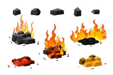 Set of campfires with burning coals in cartoon style. Vector illustration of fire flames on coal piles isolated on white background.のイラスト素材
