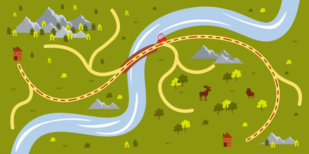 Vector illustration of a camping map in cartoon style. The road by car between the houses through...
