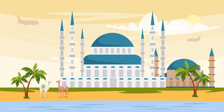 Vector illustration of Turkish mosque in Istanbul. Large Muslim building for prayers and service to God, historical memo. Desert area with palm trees and camels.のイラスト素材