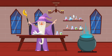 Vector illustration of a magician and his dwelling made in cartoon style Book of spells, various potions and their preparations. Magic, light and dark forces.のイラスト素材