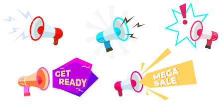 Set of colored loudspeakers in a cartoon style.Vector illustration of speakers, sounds from loudspeaker with inscriptions get ready, mega sale isolated on white background.Advertising. Announcements.のイラスト素材