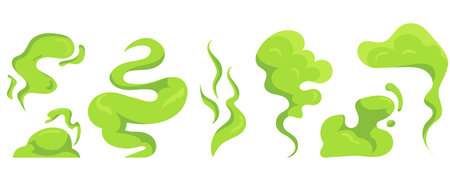 Set of green smoke of different shapes and sizes in cartoon style. Vector illustration of green smoke with an unpleasant, stinky smell, isolated on a white background. It stinks from the garbage can.のイラスト素材
