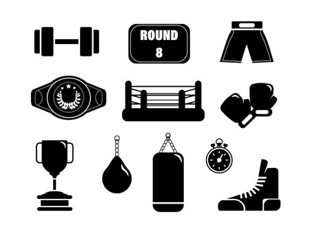 Set of silhouettes and equipment boxers. Vector illustration of ring, boxing gloves, shorts, sneakers, championship belt, cup, scoreboard with rounds, punching bags, dumbbells on white background.のイラスト素材