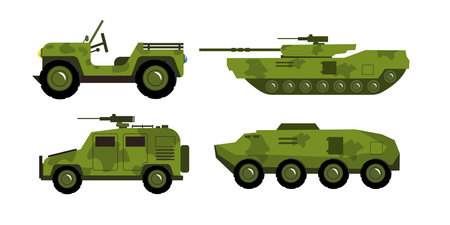Set of modern military equipment in cartoon style. Vector illustration of futuristic military jeeps, tanks, armored personnel carriers on white background.のイラスト素材
