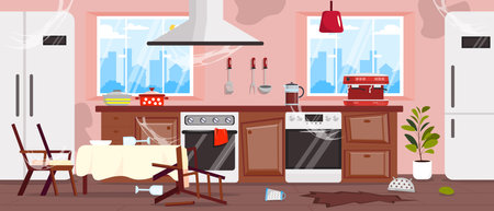 Vector illustration of an untidy, neglected kitchen.Cartoon scene of a dirty kitchen with a table, overturned chairs, dishes, a crack in the floor, cobwebs, a refrigerator, a gas stove, a coffee machine.のイラスト素材
