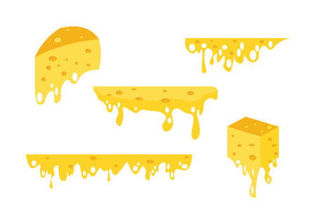Set of yellow cheese in cartoon style. Vector illustration of processed cheese with holes. Pieces of Dutch processed cheese isolated on a white background.のイラスト素材