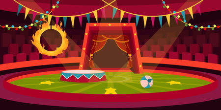 Vector illustration of a cartoon circus arena with a stage and circus ring, a ball under a tent dome with seats, garlands. Hall inside a circus tent. Carnival and circus shows.のイラスト素材