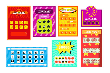 Set of beautiful lottery tickets in cartoon style. Vector illustration of entertaining lotteries with big winnings, various games, entertainment for adults, gambling on white background.のイラスト素材