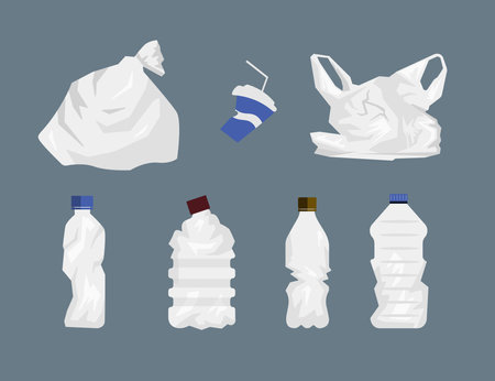 Set of garbage in cartoon style. Vector illustration of contamination of the environment with plastic waste, bottles, bags, plastic cups on gray background.のイラスト素材