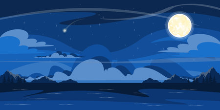 Vector illustration night on the river in cartoon style. Night landscape of the starry sky in blue tones. The full moon illuminates the area and a shooting star against the backdrop of the river.のイラスト素材