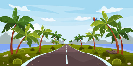 Vector illustration of a beautiful tropical landscape. Cartoon summer landscape with blue sky and clouds, mountains, ocean and road in the middle of the island with palm trees and parrots. Vacationのイラスト素材