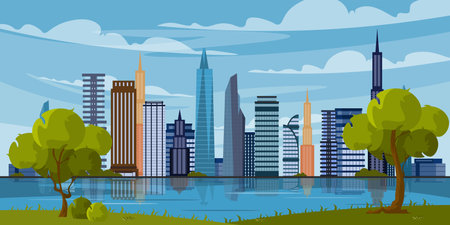 Vector illustration view of high-rise buildings from the river bank in New York. Houses built by the lake. Rest on the shore with grass and trees with clear weather.のイラスト素材