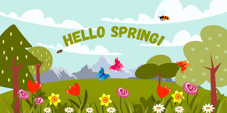 Vector illustration of a spring landscape with the inscription hello spring. Cartoon landscape scene with mountains, plain, trees, Christmas trees, tulips, daisies, daffodils, butterflies and bees.のイラスト素材