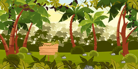 Vector illustration of a beautiful jungle. Cartoon jungle landscape scene with tall palm trees with coconuts, creeping vines, tropical plants, leaves, bushes, wooden signs, silhouettes of palm trees.のイラスト素材