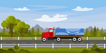 Vector illustration a truck rides along the highway. Surrounded by trees, roadside bumpers, under clear skies, and mountains looming in the distance.のイラスト素材