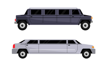 Vector illustrations of luxury cars for special occasions. White and black limousine in cartoon style isolated on white background. Side view Modern vehicles for special events.のイラスト素材