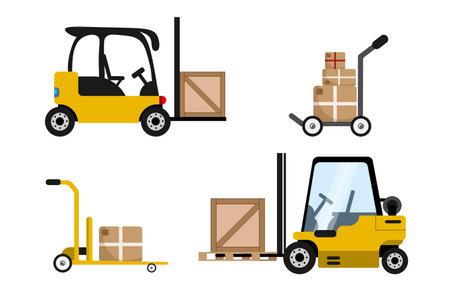 Set of means of transportation of goods in a cartoon style. Vector illustration of different transportation vehicles: yellow forklift, hand trucks with boxes, auto loader with boxes isolated on white.のイラスト素材